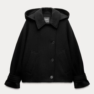 NWT ZARA ZW Collection Manteco Wool Blend Hooded Cape Coat Size XL Black